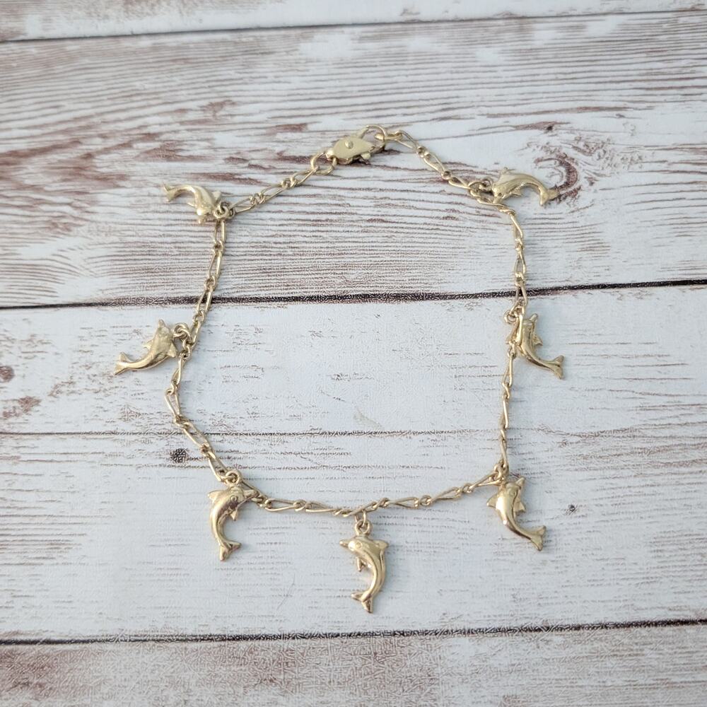 Large Bracelet or Anklet - 8.75" Gold Tone with Dolphin Charms
